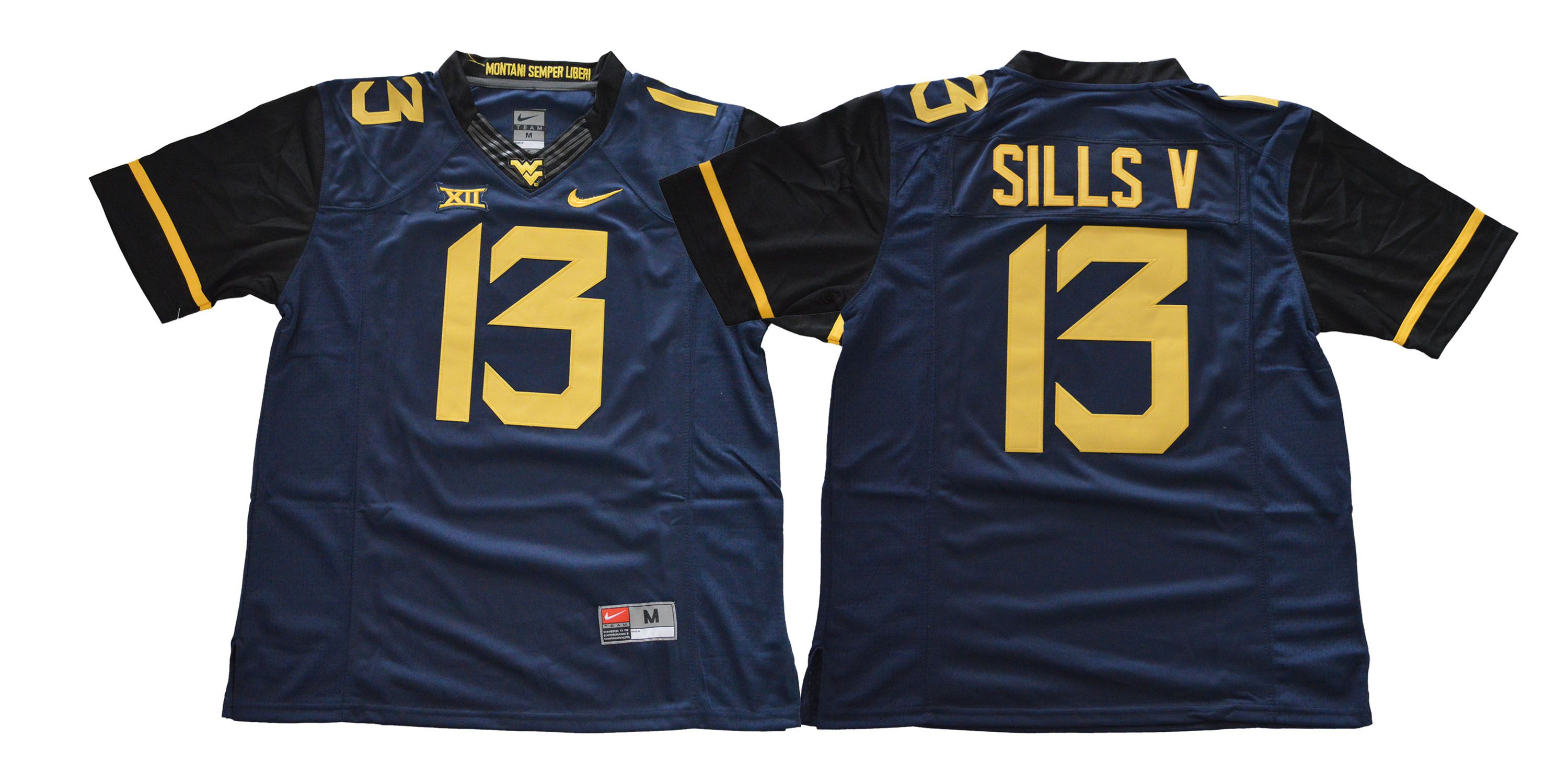 Men West Virginia Mountaineers #13 Sills v Blue NCAA Jerseys